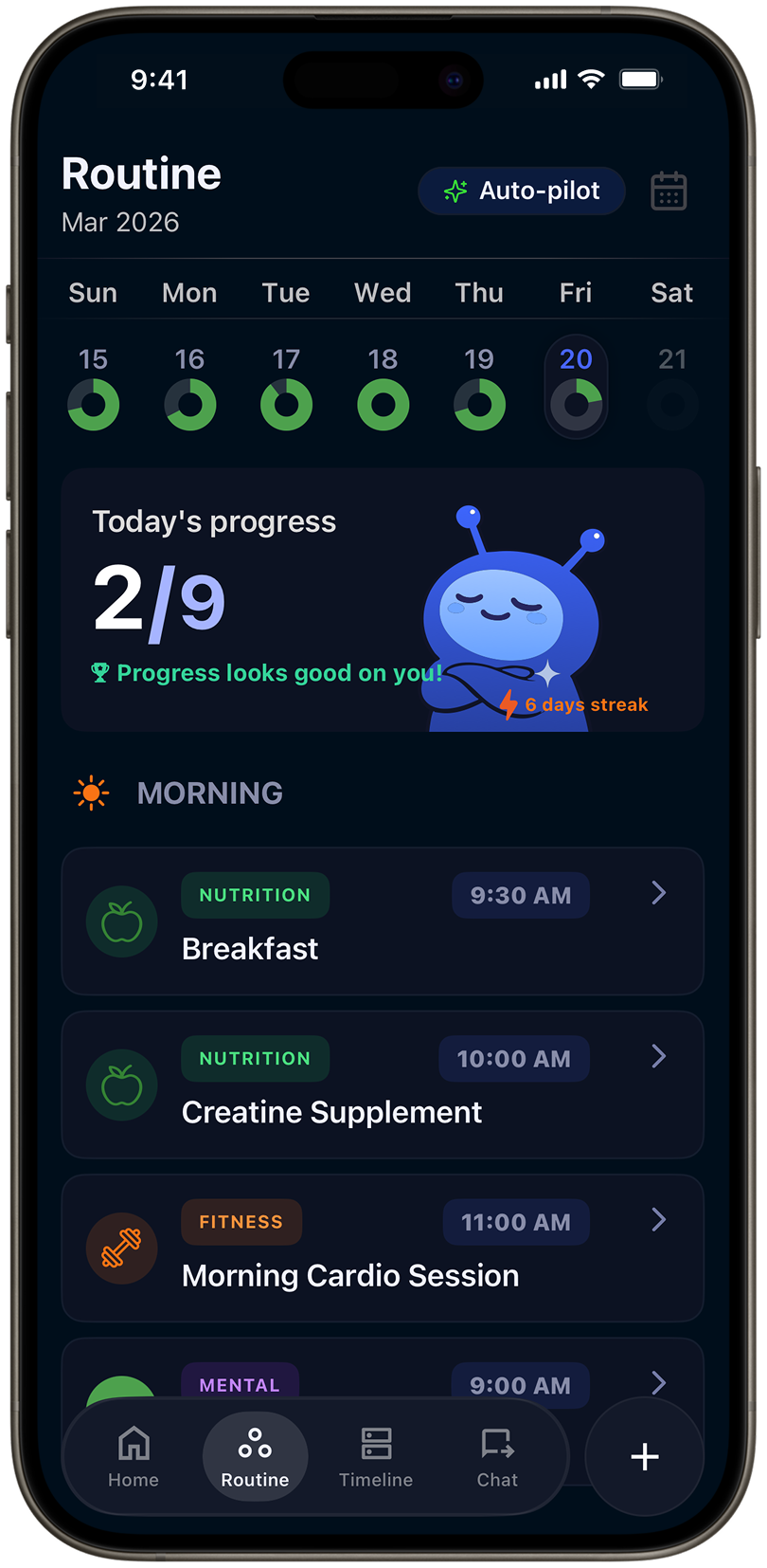 Smartphone screen displaying a health app dashboard with xHeal Score of 25, flare ups, streak of 5 days, health awareness report score of 75 out of 100, and navigation icons for Home, Routine, Add, Records, and Chat.
