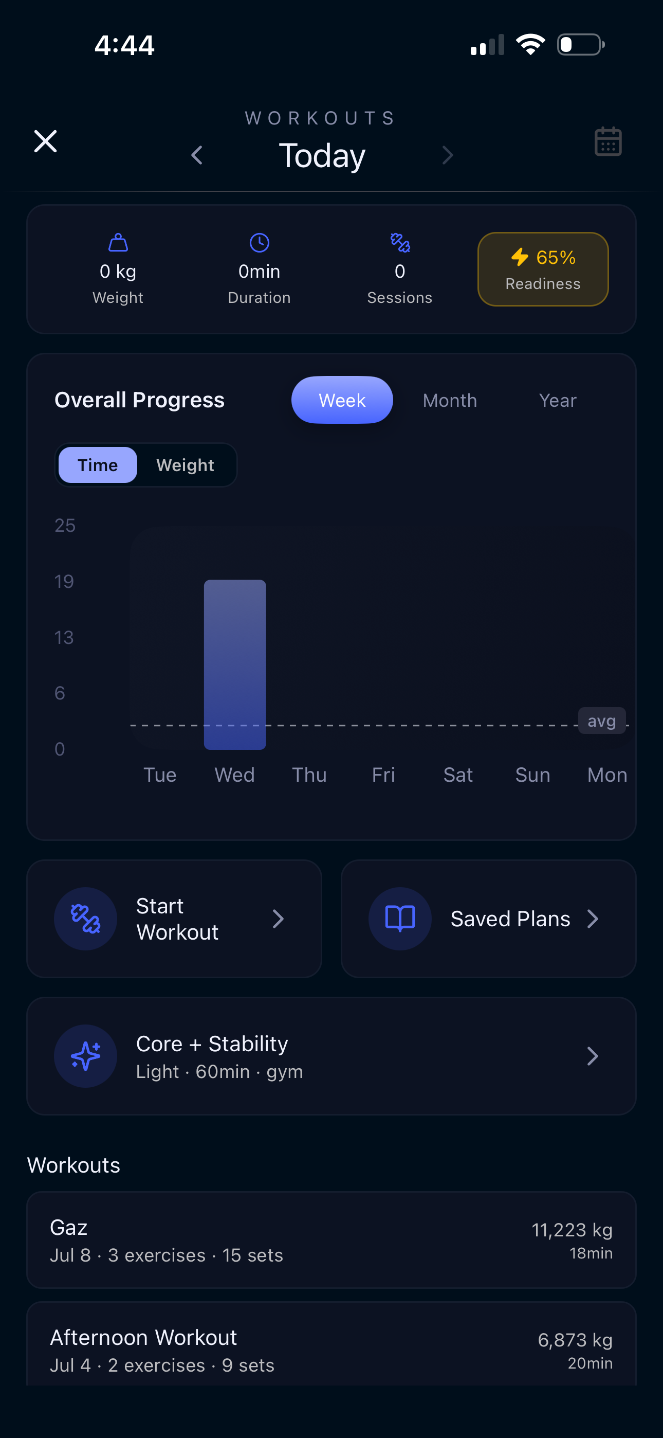 xHeal workout dashboard showing readiness, weekly progress, saved plans, and workout history